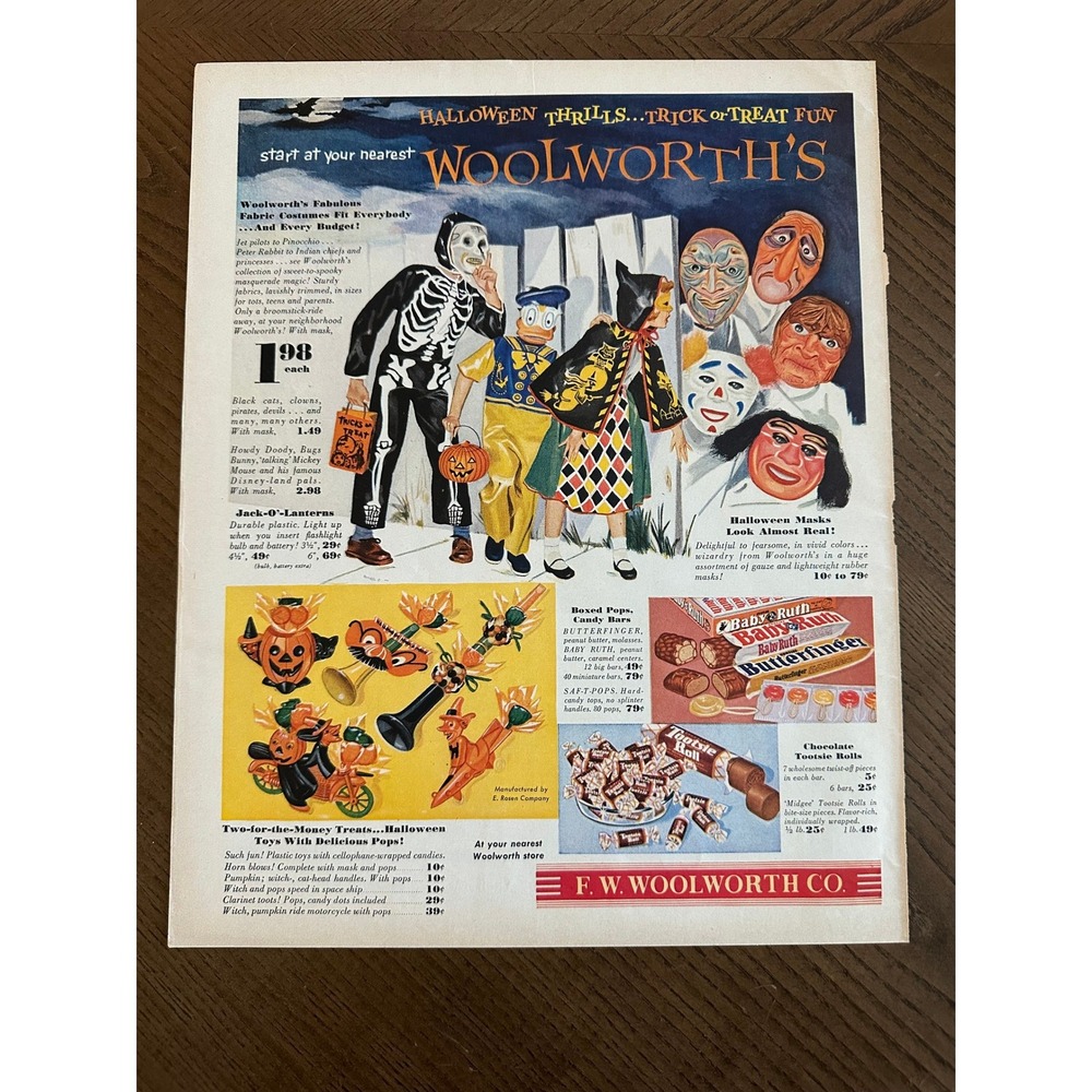 Vintage 1954 Woolworths Halloween Ad Costumes Candy Ephemera Magazine Ad